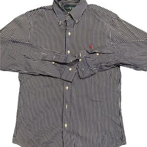 Polo by Ralph Lauren Navy and White Striped Button-Down Shirt with Red Polo Logo